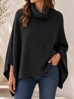 DEMDACO Gray Cowl Neck Poncho Sweater One Size Chevron Knit Oversized Cozy Wrap